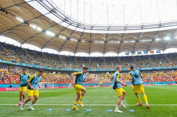 Players of Ukraine warm up prior to the UEFA Euro 2020 Championship Group C match between Ukraine and North Macedonia at National Arena on June 17,...