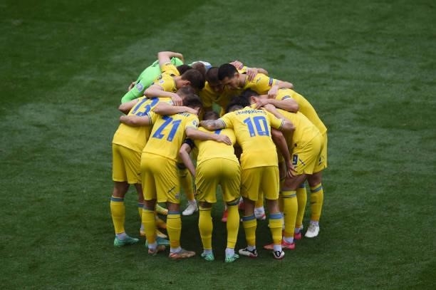 Players of Ukraine form a huddle prior to the UEFA Euro 2020 Championship Group C match between Ukraine and North Macedonia at National Arena on June...
