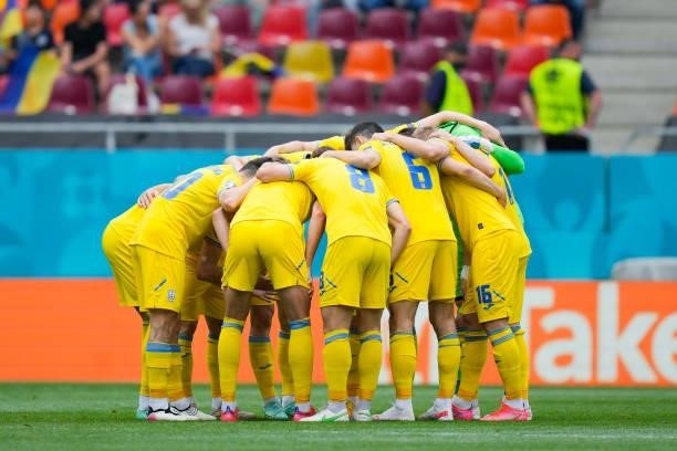 Players of Ukraine form a huddle prior to the UEFA Euro 2020 Championship Group C match between Ukraine and North Macedonia at National Arena on June...