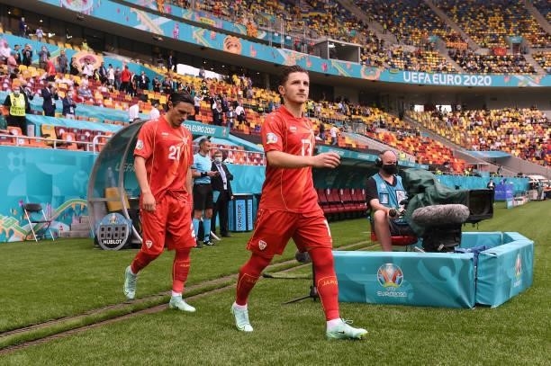 Enis Bardi and Eljif Elmas of North Macedonia enter the pitch prior to the UEFA Euro 2020 Championship Group C match between Ukraine and North...