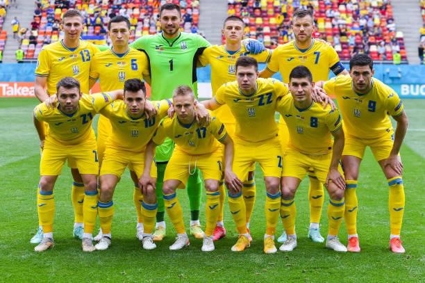 Players of Ukraine pose for a team photograph prior to the UEFA Euro 2020 Championship Group C match between Ukraine and North Macedonia at National...