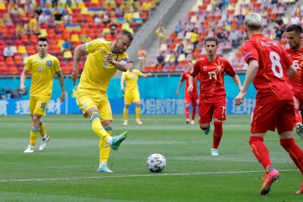 Andriy Yarmolenko of Ukraine shoots during the UEFA Euro 2020 Championship Group C match between Ukraine and North Macedonia at National Arena on...