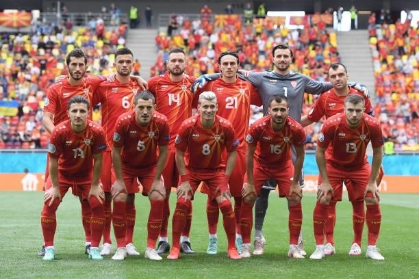 Players of North Macedonia pose for a team photograph prior to the UEFA Euro 2020 Championship Group C match between Ukraine and North Macedonia at...