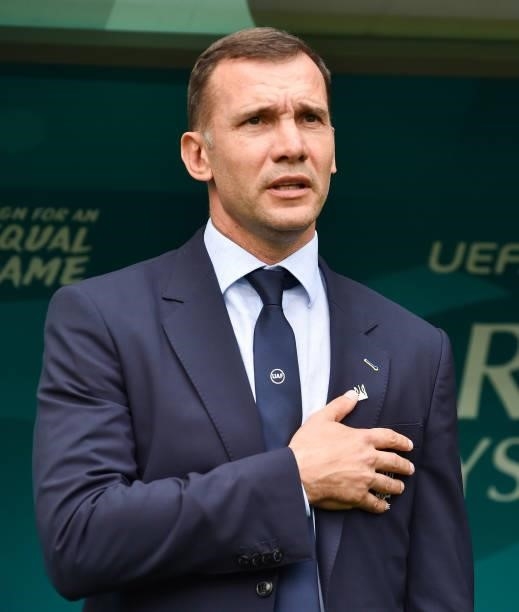 Andriy Shevchenko, Head Coach of Ukraine stands for the national anthem prior to the UEFA Euro 2020 Championship Group C match between Ukraine and...