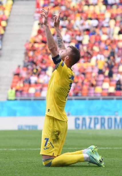 Andriy Yarmolenko of Ukraine celebrates after scoring their side's first goal during the UEFA Euro 2020 Championship Group C match between Ukraine...
