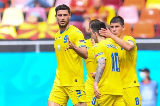 Roman Yaremchuk of Ukraine celebrates after scoring their side's second goal during the UEFA Euro 2020 Championship Group C match between Ukraine and...