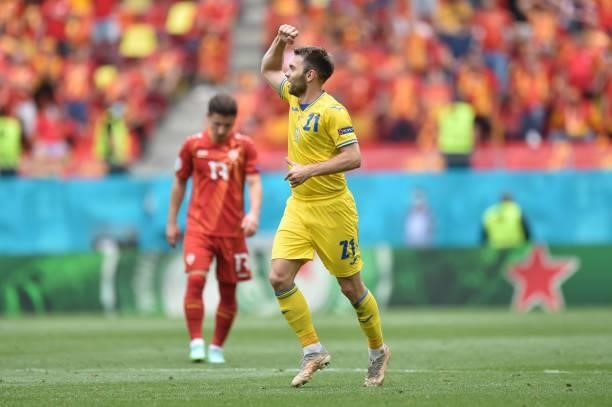 Oleksandr Karavaev of Ukraine celebrates their side's first goal scored by team mate Andriy Yarmolenko during the UEFA Euro 2020 Championship Group C...