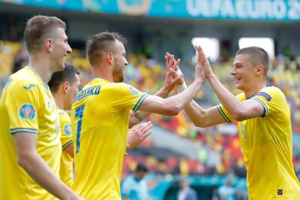 Andriy Yarmolenko of Ukraine celebrates with team mates after scoring their side's first goal during the UEFA Euro 2020 Championship Group C match...