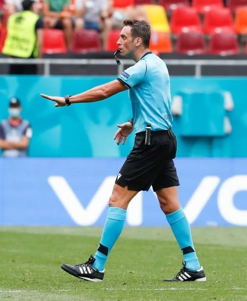 Match Referee, Fernando Andres Rapallini gestures during the UEFA Euro 2020 Championship Group C match between Ukraine and North Macedonia at...