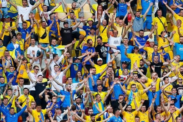Fans of Ukraine show their support during the UEFA Euro 2020 Championship Group C match between Ukraine and North Macedonia at National Arena on June...