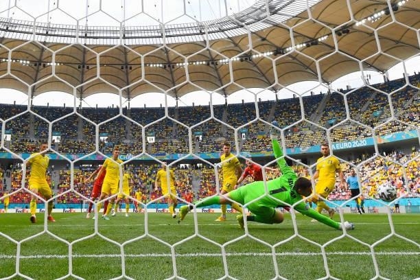 Georgiy Bushchan of Ukraine makes a save during the UEFA Euro 2020 Championship Group C match between Ukraine and North Macedonia at National Arena...
