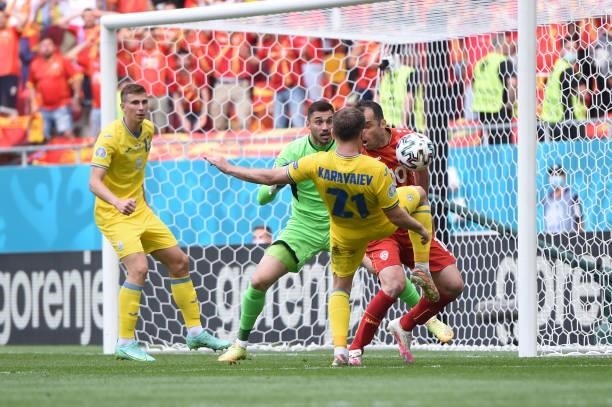 Goran Pandev of North Macedonia is fouled by Oleksandr Karavaev of Ukraine leading to a penalty being awarded during the UEFA Euro 2020 Championship...