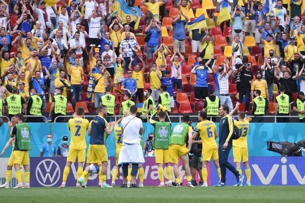 Ukraine fans applaud their team following victory in the UEFA Euro 2020 Championship Group C match between Ukraine and North Macedonia at National...