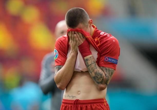 Anders Christiansen of Denmark looks dejected following defeat in the UEFA Euro 2020 Championship Group C match between Ukraine and North Macedonia...