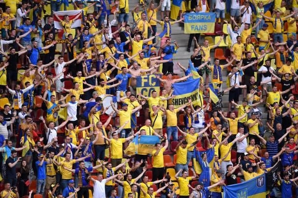 Ukraine fans celebrate after victory in the UEFA Euro 2020 Championship Group C match between Ukraine and North Macedonia at National Arena on June...