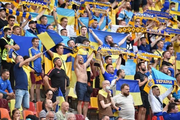 Fans of Ukraine show their support during the UEFA Euro 2020 Championship Group C match between Ukraine and North Macedonia at National Arena on June...
