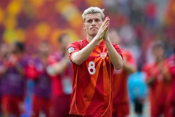 Egzijan Alioski of North Macedonia applauds the fans following defeat in the UEFA Euro 2020 Championship Group C match between Ukraine and North...