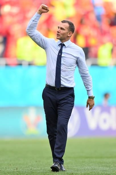 Andriy Shevchenko, Head Coach of Ukraine celebrates after victory in the UEFA Euro 2020 Championship Group C match between Ukraine and North...
