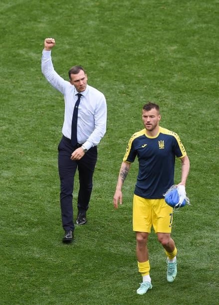 Andriy Shevchenko , Head Coach of Ukraine celebrates after victory in the UEFA Euro 2020 Championship Group C match between Ukraine and North...