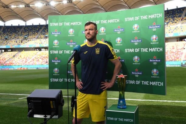 Andriy Yarmolenko of Ukraine speaks during a TV Interview before being awarded with the Heineken 'Star of the Match' award after the UEFA Euro 2020...