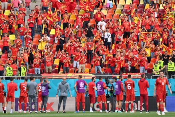 Fans of North Macedonia show their support to the players after the UEFA Euro 2020 Championship Group C match between Ukraine and North Macedonia at...