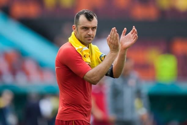 Goran Pandev of North Macedonia applauds the fans after the UEFA Euro 2020 Championship Group C match between Ukraine and North Macedonia at National...
