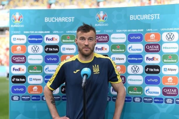 Andriy Yarmolenko of Ukraine speaks during a TV Interview after the UEFA Euro 2020 Championship Group C match between Ukraine and North Macedonia at...