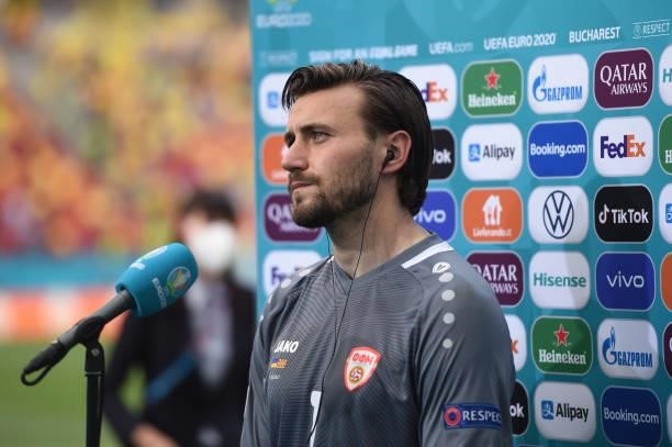 Stole Dimitrievski of North Macedonia speaks during a TV Interview following the UEFA Euro 2020 Championship Group C match between Ukraine and North...