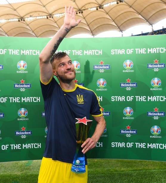 Andriy Yarmolenko of Ukraine reacts with their Heineken "Star of the Match