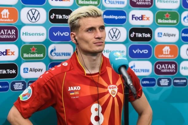 Egzijan Alioski of North Macedonia speaks during a TV Interview following the UEFA Euro 2020 Championship Group C match between Ukraine and North...