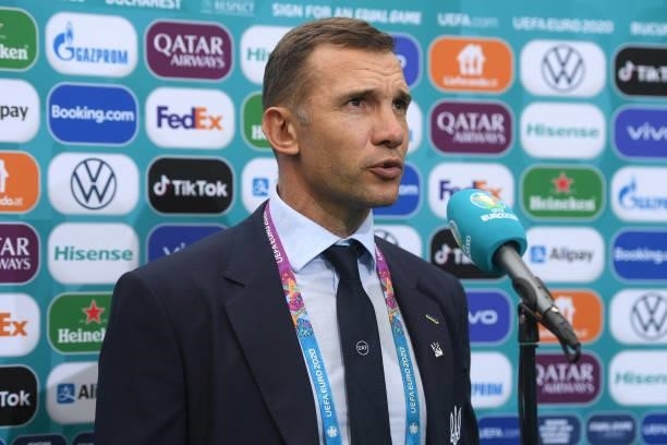 Andriy Shevchenko, Head Coach of Ukraine speaks during a TV Interview following the UEFA Euro 2020 Championship Group C match between Ukraine and...