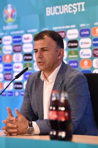 In this handout picture provided by UEFA, Igor Angelovski, Head Coach of North Macedonia speaks to the media during the North Macedonia Press...