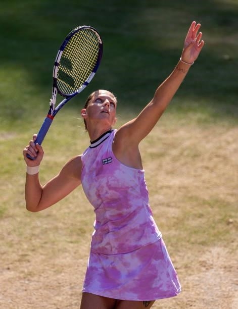 Karolina Pliskova of the Czech Republic serves against Jessica Pegula of the United States in the women's singles second round match during day 6 of...