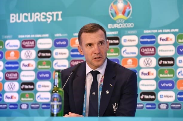 In this handout picture provided by UEFA, Andriy Shevchenko, Head Coach of Ukraine speaks to the media during the Ukraine Press Conference after the...