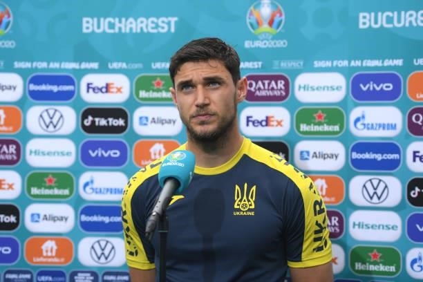 Roman Yaremchuk of Ukraine speaks during a TV Interview after the UEFA Euro 2020 Championship Group C match between Ukraine and North Macedonia at...