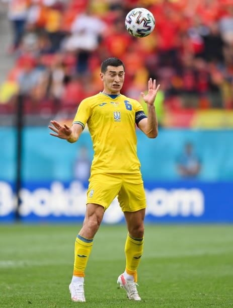 Taras Stepanenko of Ukraine wins a header during the UEFA Euro 2020 Championship Group C match between Ukraine and North Macedonia at National Arena...