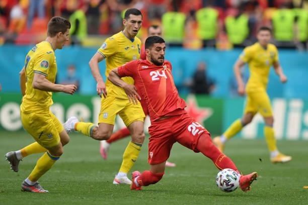 Daniel Avramovski of North Macedonia stretches for the ball during the UEFA Euro 2020 Championship Group C match between Ukraine and North Macedonia...