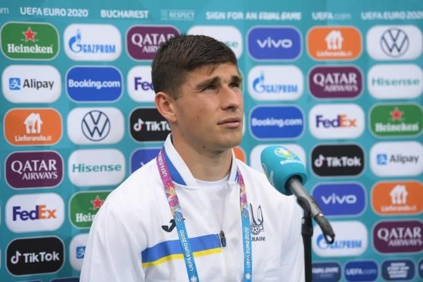 Ruslan Malinovskyi of Ukraine speaks during a TV Interview after the UEFA Euro 2020 Championship Group C match between Ukraine and North Macedonia at...