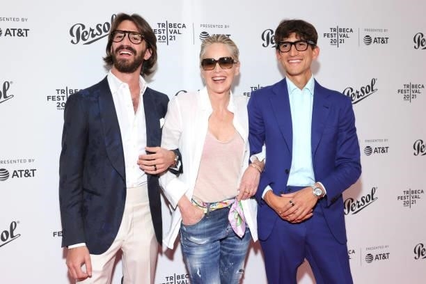 Leonardo Maria Del Vecchio, Sharon Stone, and Rocco Basilico attend the Tribeca Festival Awards Night during the 2021 Tribeca Festival at Spring...