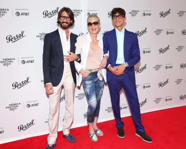 Leonardo Maria Del Vecchio, Sharon Stone, and Rocco Basilico attend the Tribeca Festival Awards Night during the 2021 Tribeca Festival at Spring...
