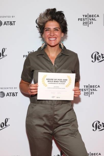 Catherine de Medici Jaffee poses with an award at the Tribeca Festival Awards Night during the 2021 Tribeca Festival at Spring Studios on June 17,...