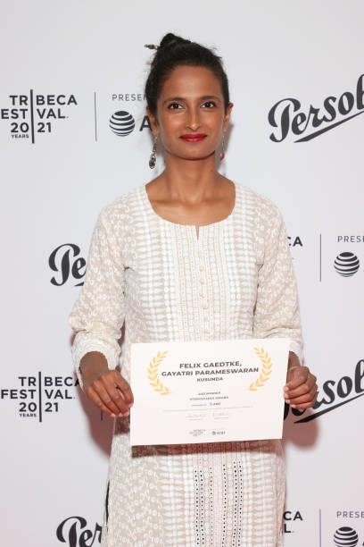 Gayatri Parameswaran poses with an award at the Tribeca Festival Awards Night during the 2021 Tribeca Festival at Spring Studios on June 17, 2021 in...