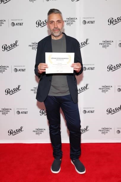 Levan Koguashvili poses with an award at the Tribeca Festival Awards Night during the 2021 Tribeca Festival at Spring Studios on June 17, 2021 in New...