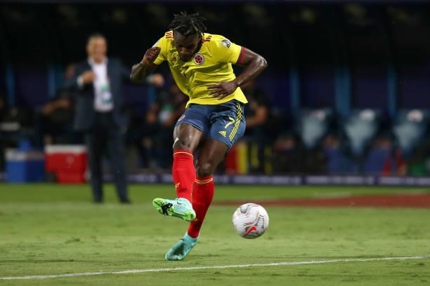 Duvan Zapata of Colombia kicks the ball during a Group B match between Colombia and Venezuela as part of Copa America Brazil 2021 at Estadio Olimpico...