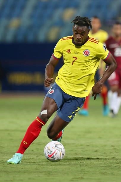 Duvan Zapata of Colombia controls the ball during a Group B match between Colombia and Venezuela as part of Copa America Brazil 2021 at Estadio...