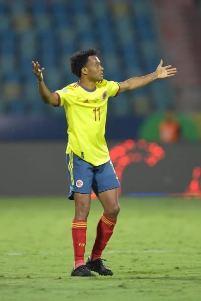 Juan Cuadrado of Colombia reacts during a Group B match between Colombia and Venezuela as part of Copa America Brazil 2021 at Estadio Olimpico on...