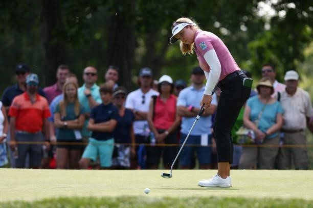 Brooke Henderson of Canada watches her birdie putt on the fifth green during round one of the Meijer LPGA Classic for Simply Give at Blythefield...