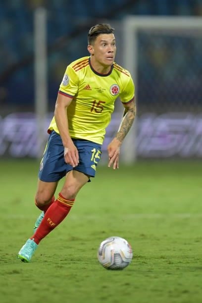 Mateus Uribe of Colombia controls the ball during a Group B match between Colombia and Venezuela as part of Copa America Brazil 2021 at Estadio...