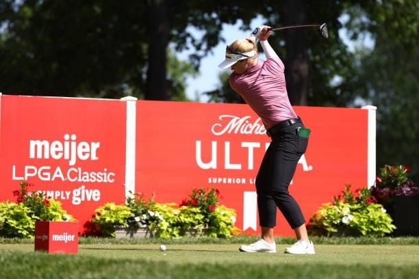 Brooke Henderson of Canada hits her tee shot on the sixth hole during round one of the Meijer LPGA Classic for Simply Give at Blythefield Country...