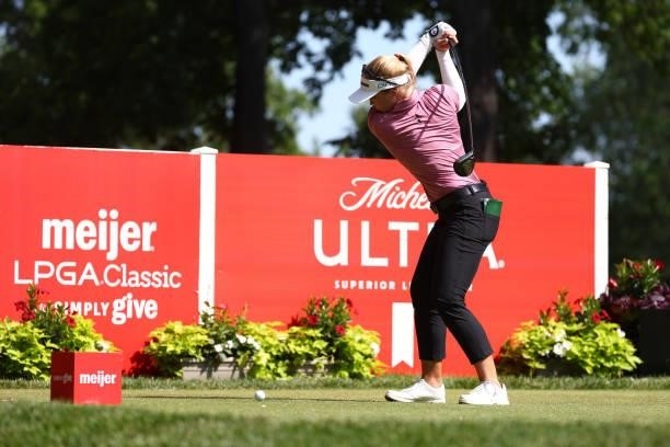 Brooke Henderson of Canada hits her tee shot on the sixth hole during round one of the Meijer LPGA Classic for Simply Give at Blythefield Country...